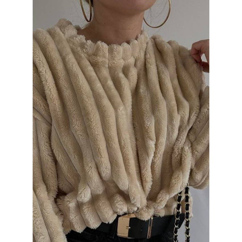 Zara Plush Ribbed Crewneck Sweater in Beige